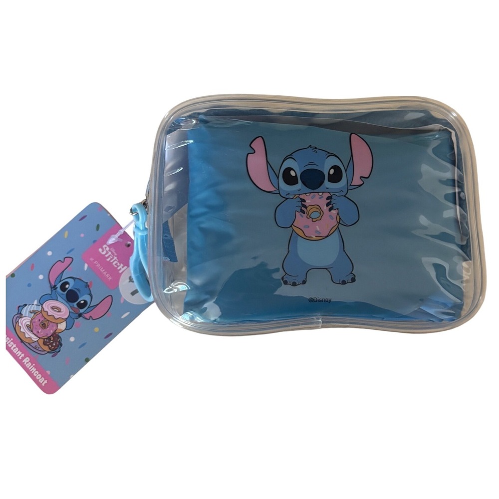 Disney Stitch Primark Water Resistant Raincoat in Pouch Blue Donut Graphic NWT
